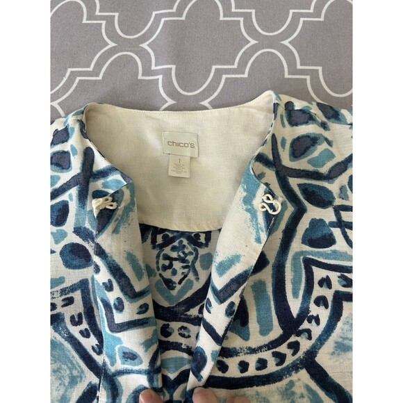 Chicos Duster Jacket Artisan Print 100% Linen Cardigan Artsy - Picture 7 of 13